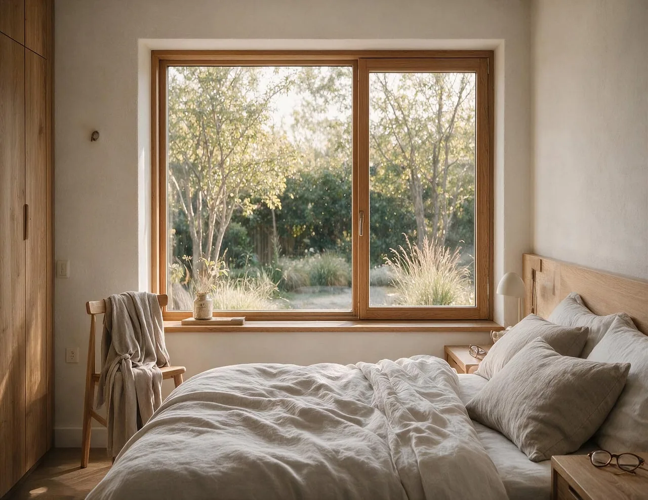 bedroom, window, bedding, wood, light, nature, chair, beautiful, minimalist, cozy, interior, spacious, muted, object, calm, sunset, room, decoration, harmony. Short-term rental referral program: four owner sources